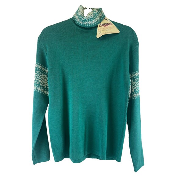 Snuggler Fair Isle Turtleneck Sweater Teal Green Wool Blend Knit Womens Large 14 - Picture 1 of 11